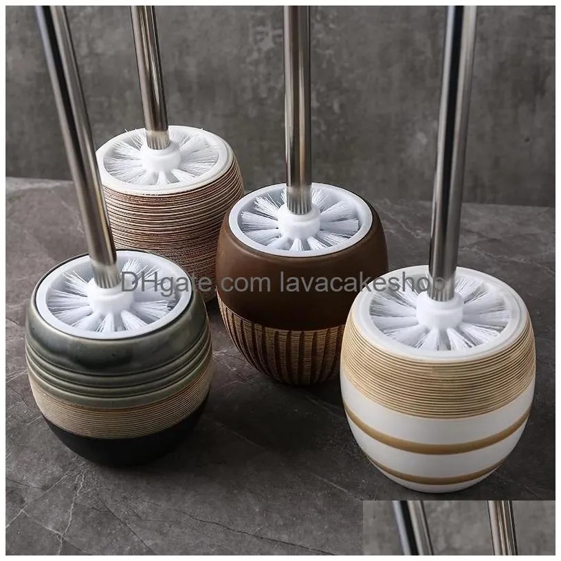 retro round ceramic toilet brush holder set cleaning tool circle base cream series ceramics bathroom decor accessories stainle