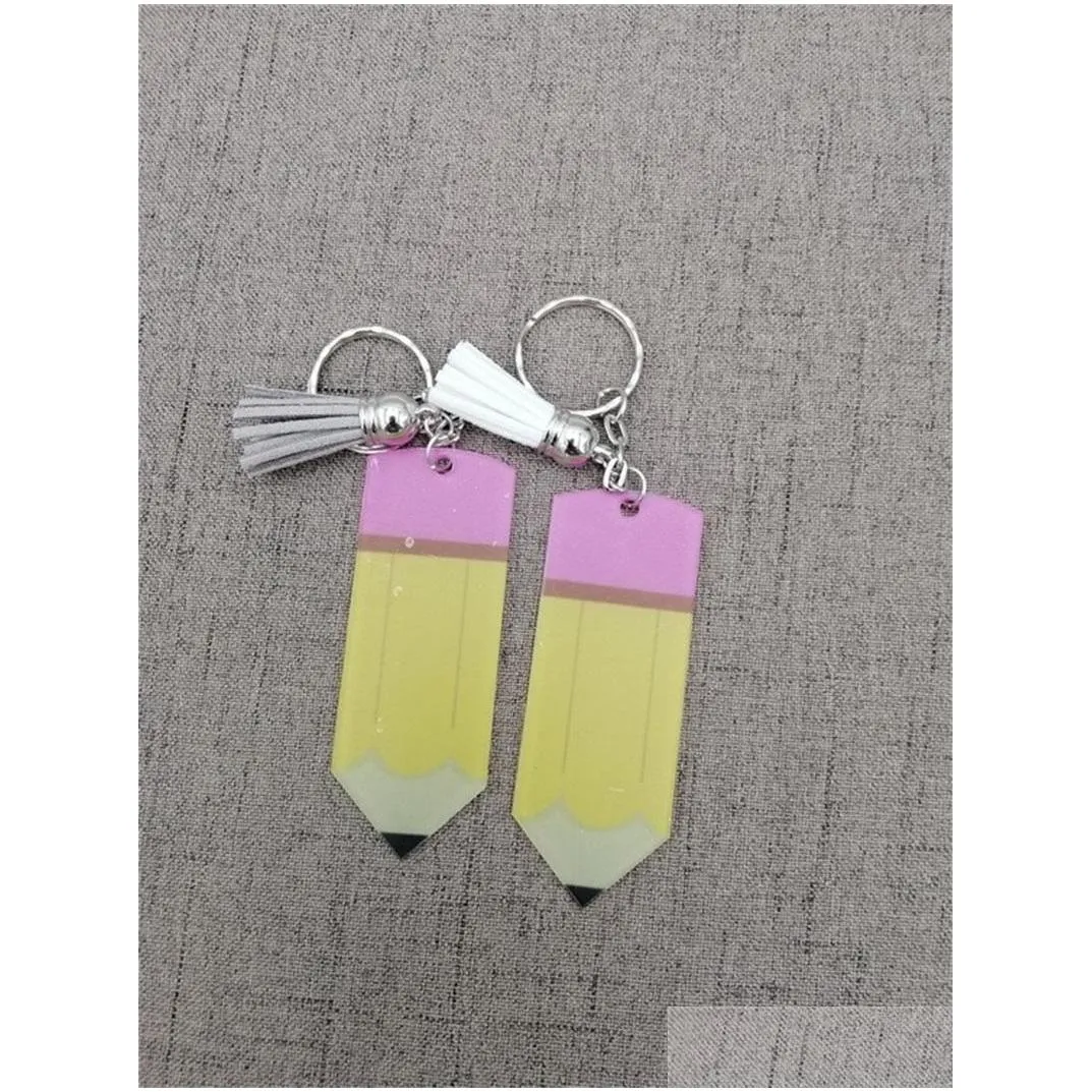 creative teachers day keychain fashion acrylic pencil dangle charms key ring personalize small tassel keyring festival party gift 378