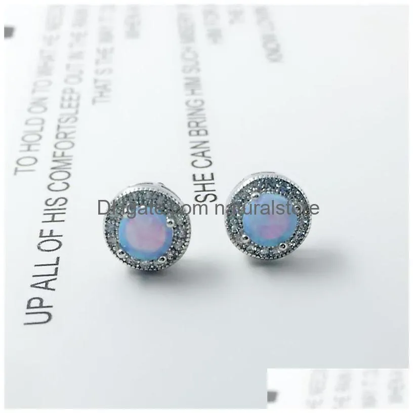 new simple 925 sterling silver stud earrings round blue fire opal earrings with cubic zirconia wedding jewelry gift