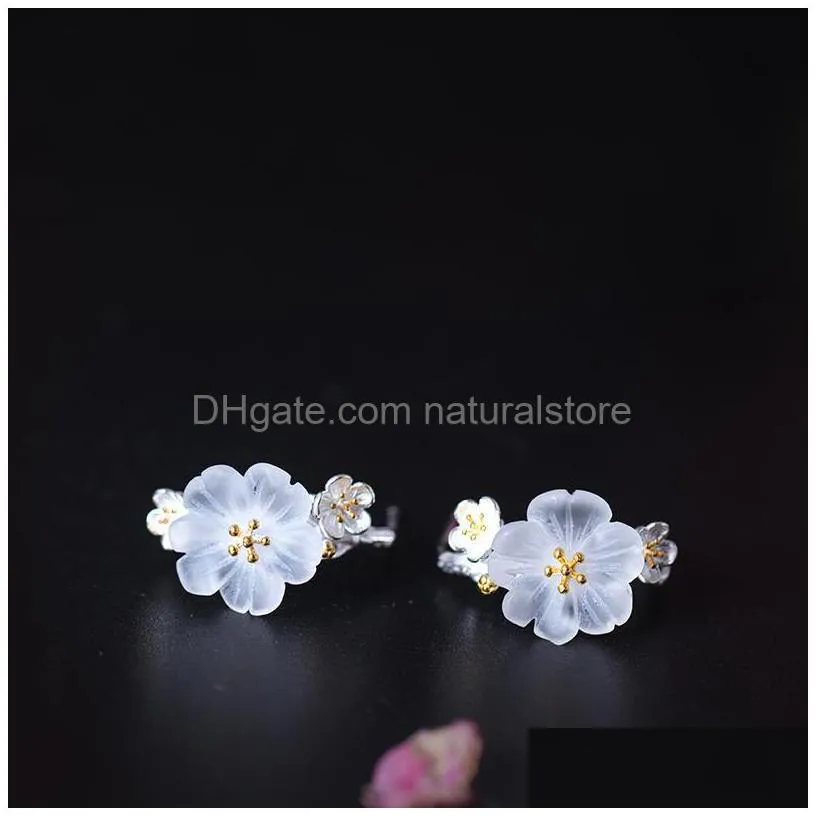 925 sterling silver plum stud earrings female ethnic handmade blooming flower wedding earring for women mother gifts