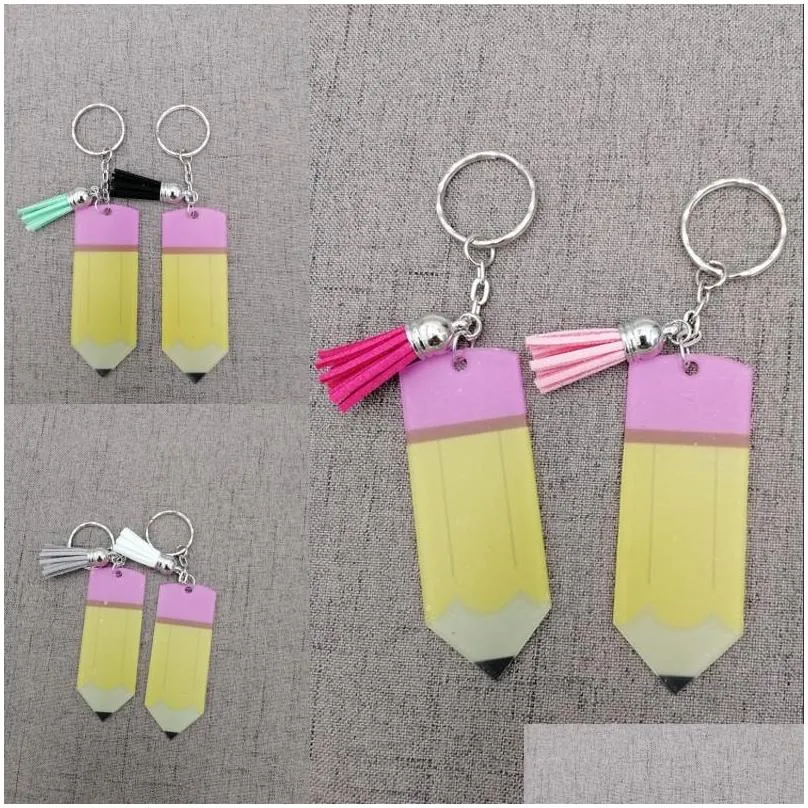 creative teachers day keychain fashion acrylic pencil dangle charms key ring personalize small tassel keyring festival party gift 378