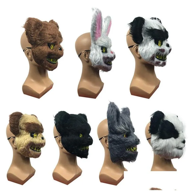 scary halloween rabbit bunny mask scary spooky plush animal panda bear headdress mask masquerade party cosplay horriable props vt1595