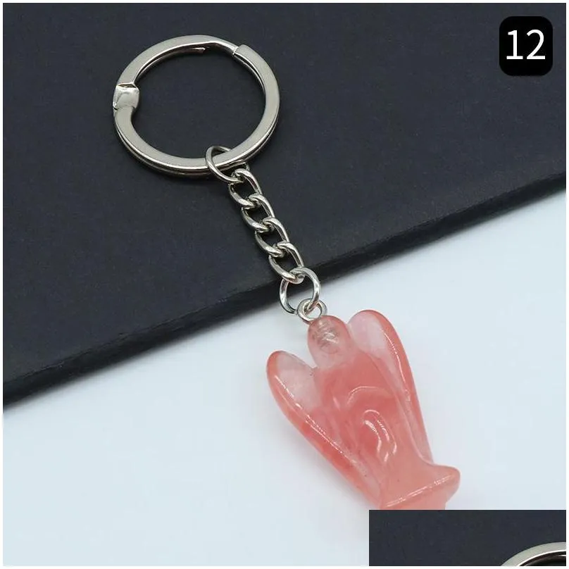 healing reiki chakra carved angel natural stone key rings pendant keychain crystal chakras quartz chains jewelry accessories