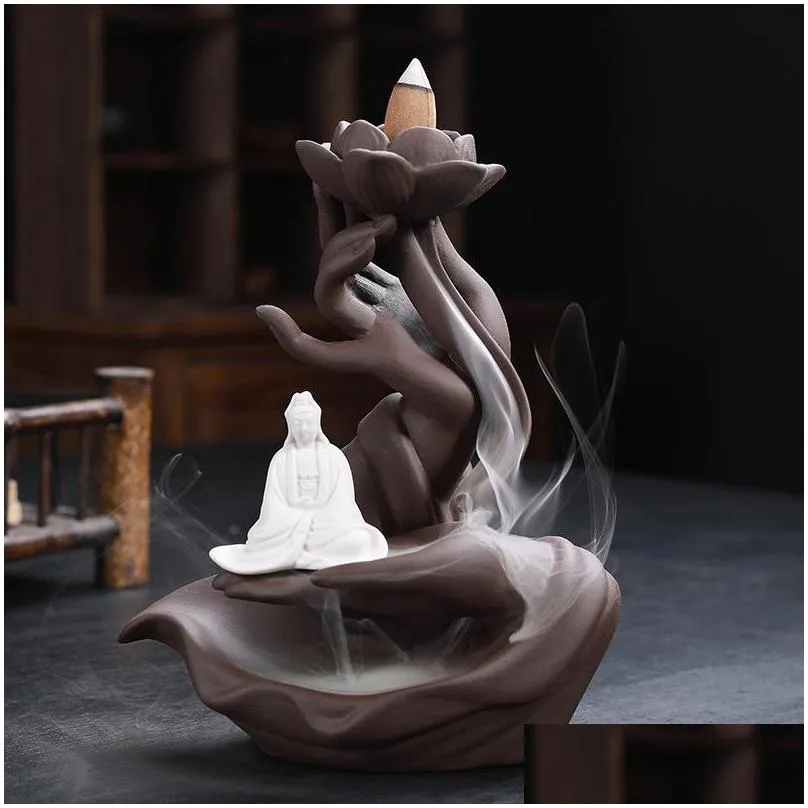 buddha hand lotus backflow incense burner with 20 cones purple sand ceramics somoke waterfall incense holder use in home yoga
