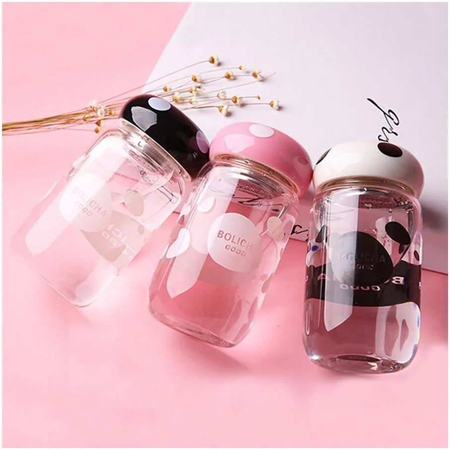 creative big mouth mushroom glass cup glass delicate 3 colors custom logo round water bottle with stainless steel tea filter dh0600