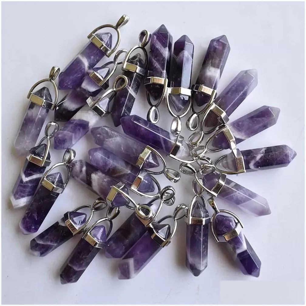 natural stripe amethysts charms hexagonal healing reiki point crystal pendants for jewelry making wholesale