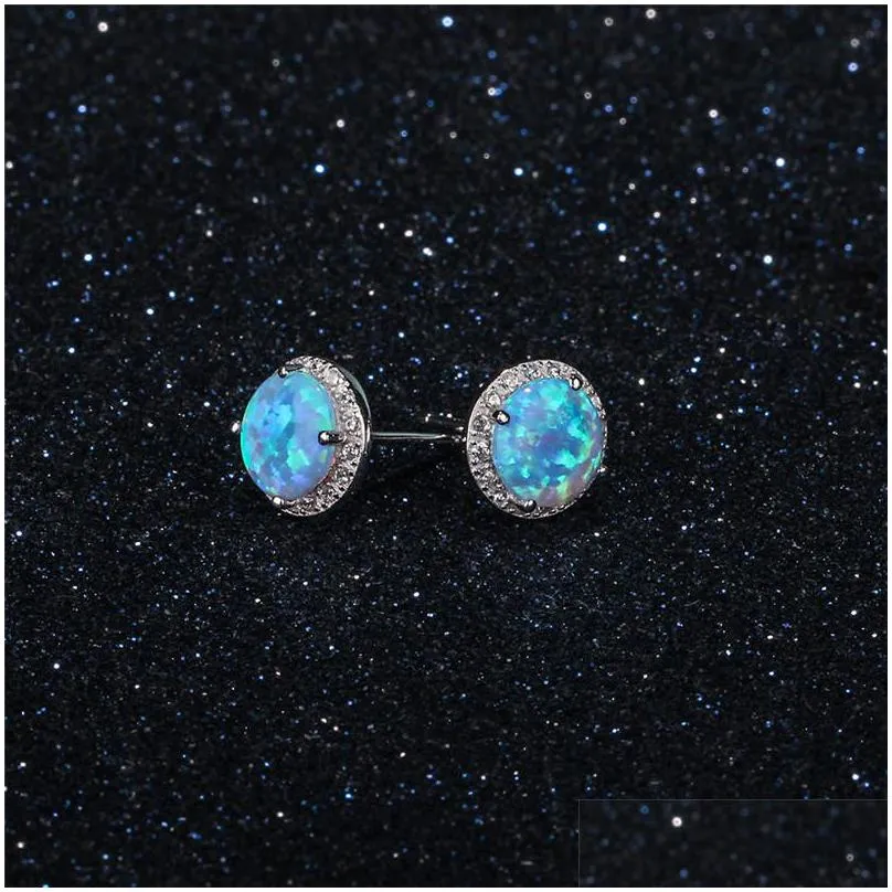 new simple 925 sterling silver stud earrings round blue fire opal earrings with cubic zirconia wedding jewelry gift