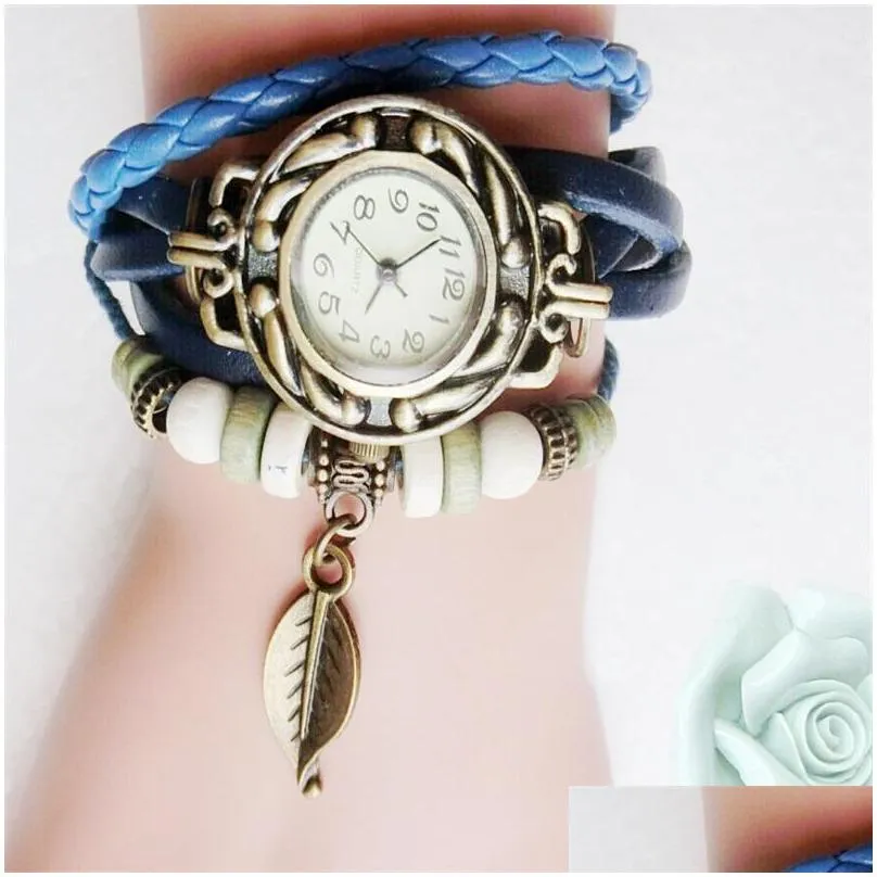 retro quartz bracelets watches leaf pendant pu leather strap dress wrist bangle vintage weave wrap wristwatch women girls knit watch 358