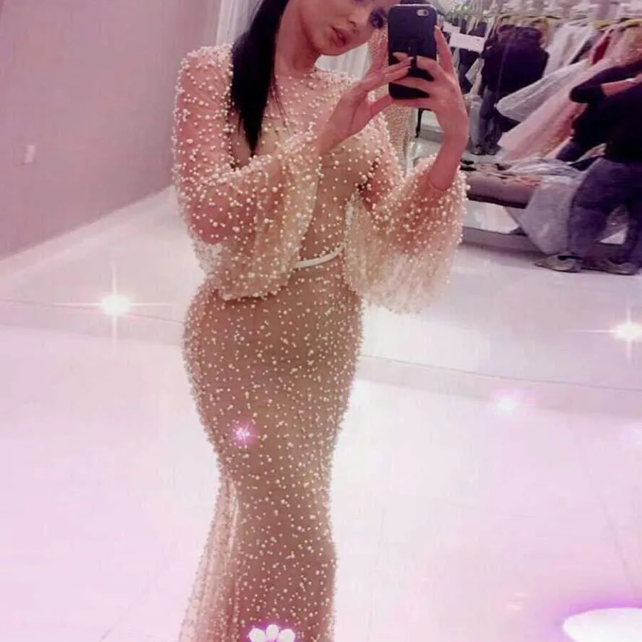 Charming Evening Dresses for Woman Puff Long Sleeve Champagne Pearls O Neck Floor Length Mermaid Dresses Prom Party Gown