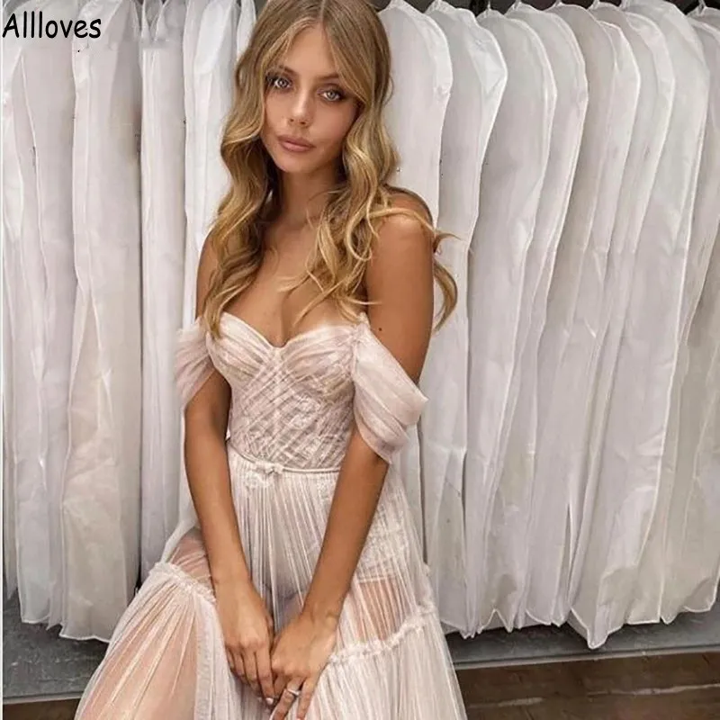 Off Shoulder Tulle Pleated A Line Wedding Dresses For Brides Sexy See Through Lace Boho Country Elegant Bridal Shower Engagement Gowns Chic Robes de Mariee CL1661