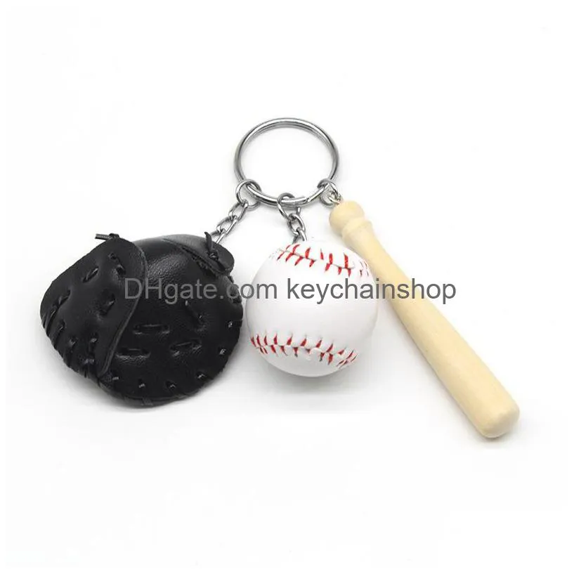 baseball keychains mini pu leather baseball glove wood bat sports car key chain key ring holder fashion jewelry gift keyrings for man