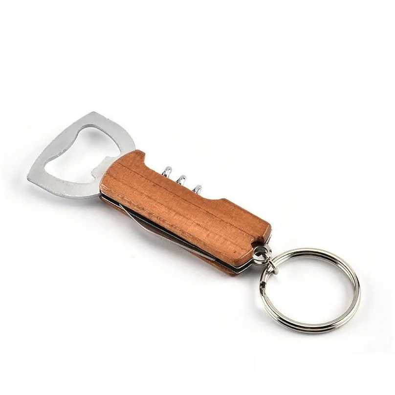 wooden handle bottle opener keychain knife pulltap double hinged corkscrew stainless steel key ring openers bar kitchen wine tool dbc