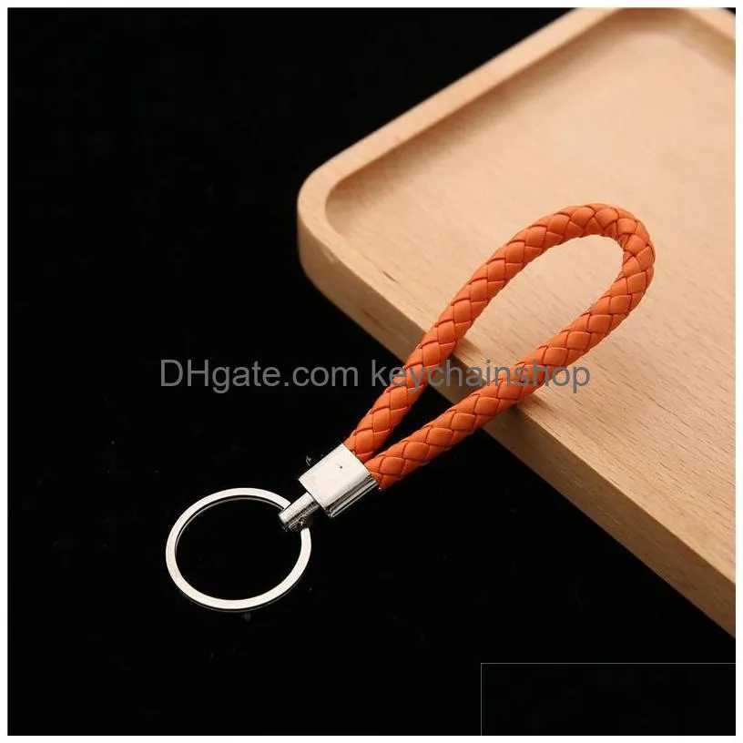 36 colors pu leather keychain braided woven rope rings fit diy circle pendant key chains holder car keyrings charm jewelry accessories