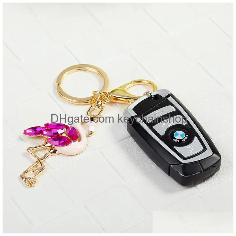 flamingo keychains rings rhinestone fashion car key charm pendant animal keyrings bag jewelry accessories fashion men women key chain