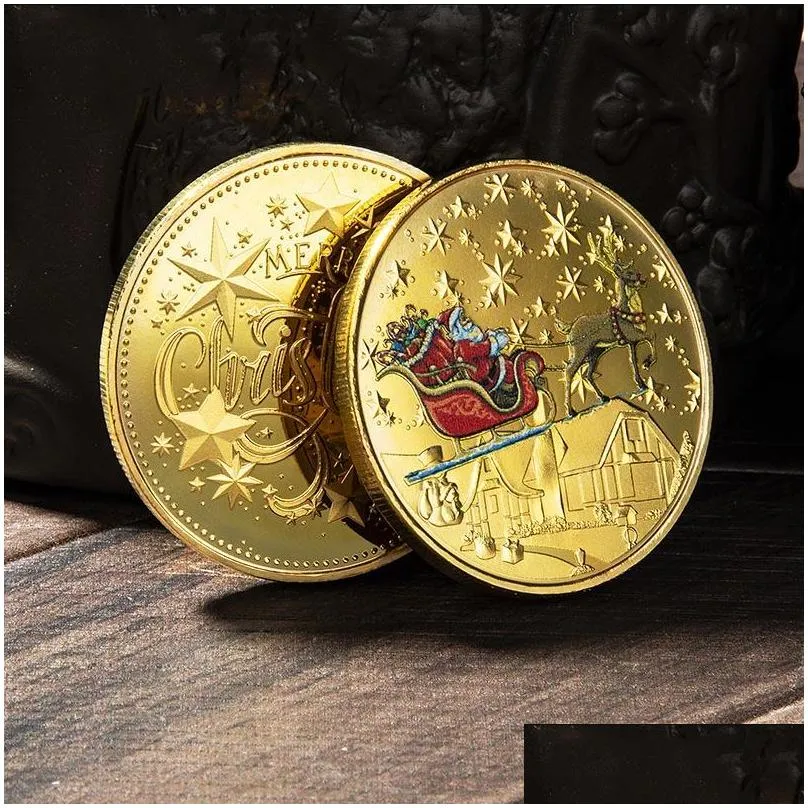 10 styles santa commemorative gold coins decorations embossed color printing snowman christmas gift medal wholesale