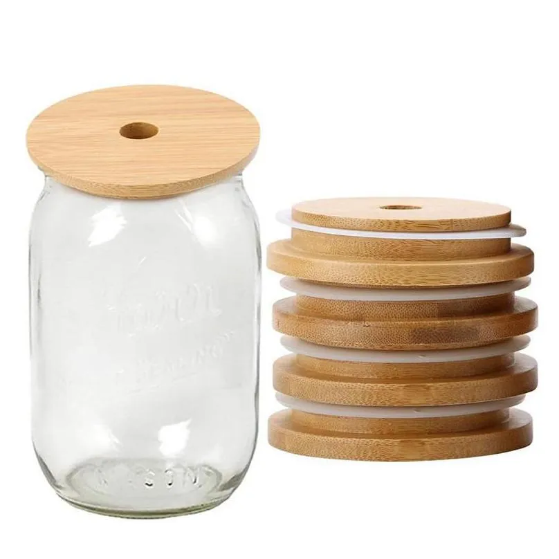 dhs bamboo cap lids 70mm 88mm reusable bamboo mason jar lids with straw hole and silicone seal sxm27