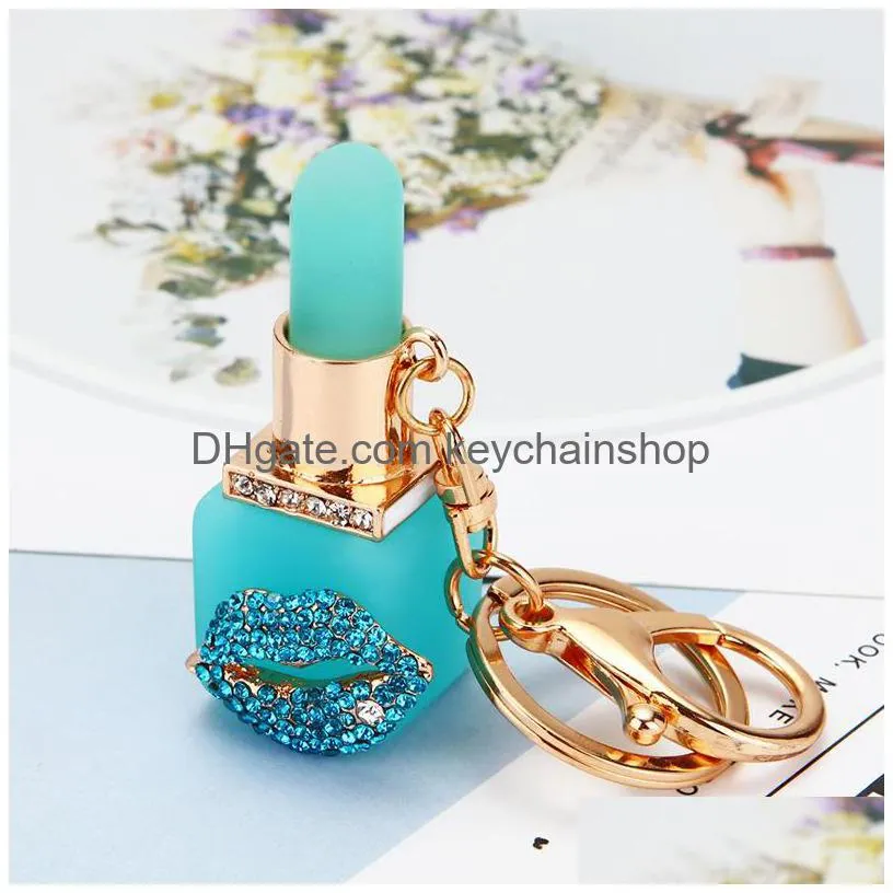 lipstick key chains crystal rhinestone car keyrings rings holder women fashion keychains accessories jewelry bag pendant charms for lover girls
