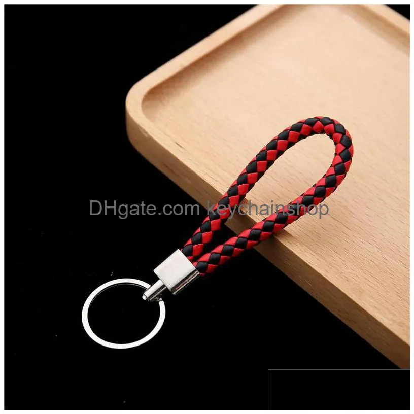 36 colors pu leather keychain braided woven rope rings fit diy circle pendant key chains holder car keyrings charm jewelry accessories