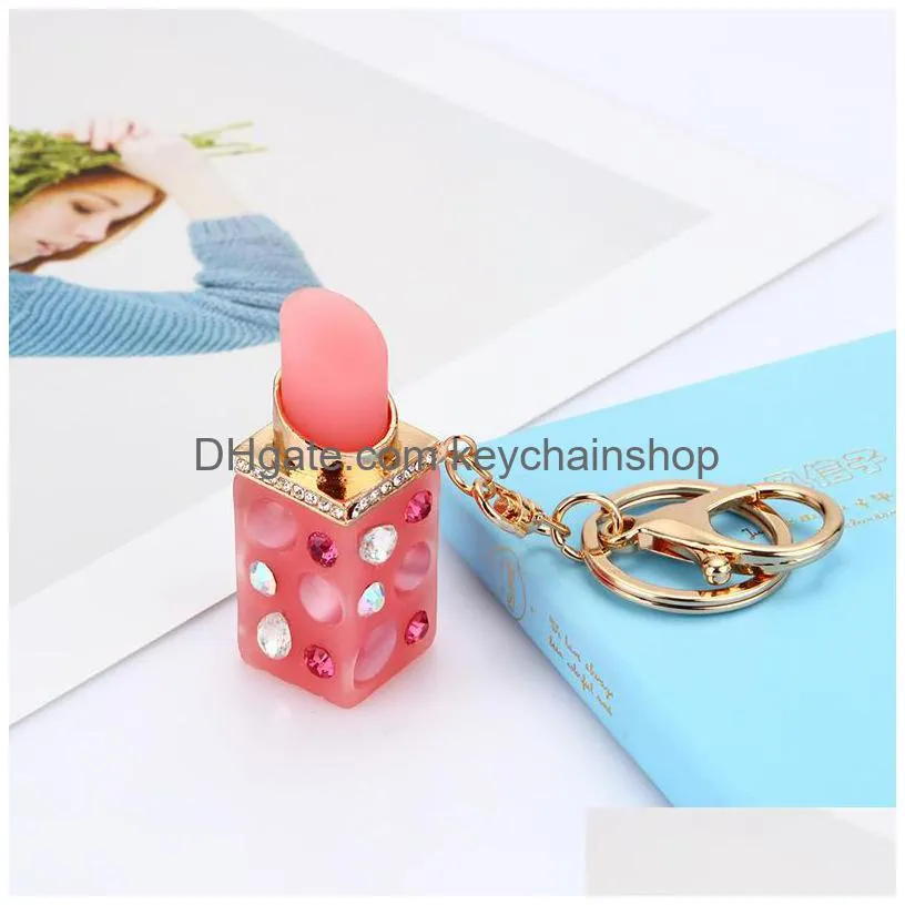 lipstick key chains crystal rhinestone car keyrings rings holder women fashion keychains accessories jewelry bag pendant charms for lover girls