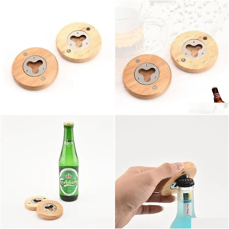 new wooden round shape bottle opener coaster fridge magnet decoration beer bottle opener factory wholesale sxjun23