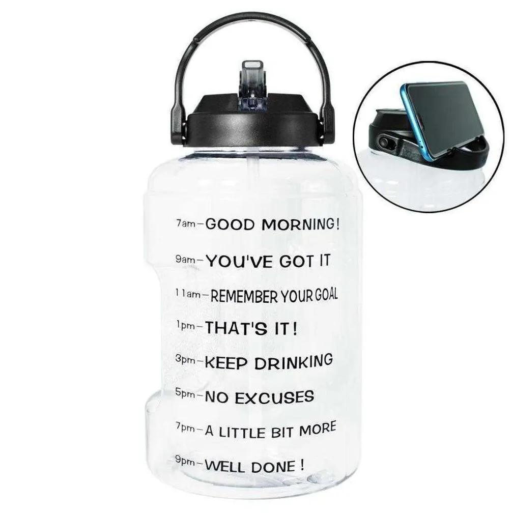 new 2.5l 3.78l plastic wide mouth gallon water bottles with straw bpa sport fitness tourism gym travel jugs phone stand sxjul19