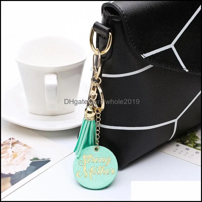 disc tassel keychain bronzing letter pendant leather key chain bag pendant mother day party gift supplies 5 colors 1254 b3