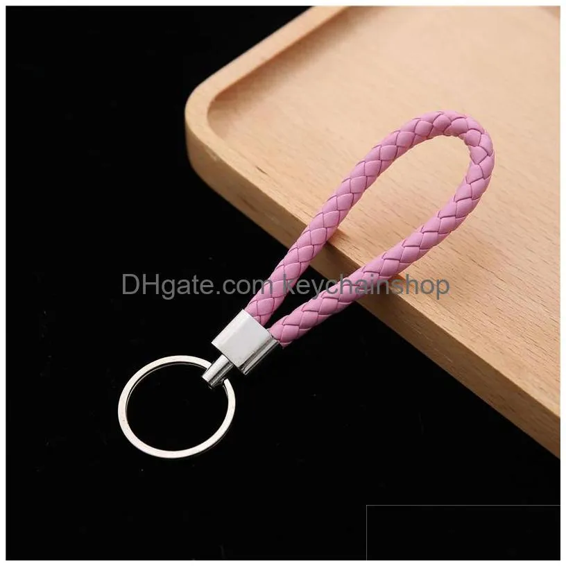 36 colors pu leather keychain braided woven rope rings fit diy circle pendant key chains holder car keyrings charm jewelry accessories