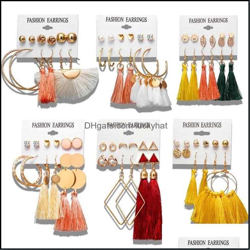 dangle 6 pairs drop earrings set jewelry fashion women geometric alloy bohemia style multicolor tassels earrings 3476 q2