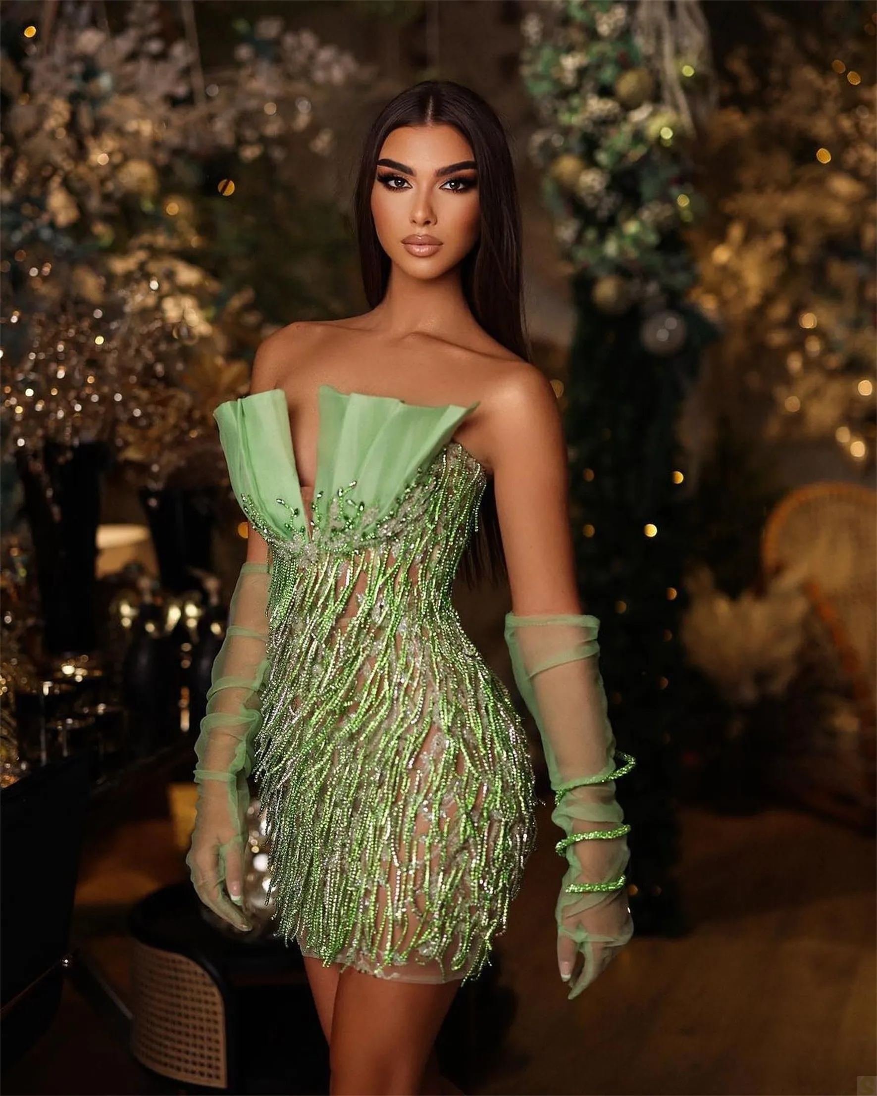 Stylish Mint Green Prom Dresses Strapless Tassels Party Dresses Beaded Mini Graceful Custom Made Evening Dress