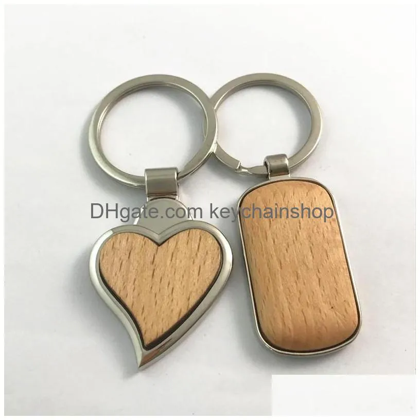 metal wood keychains key chain ring round heart rectangle simple diy blank wooden car key pendant holder fashion gifts keyrings