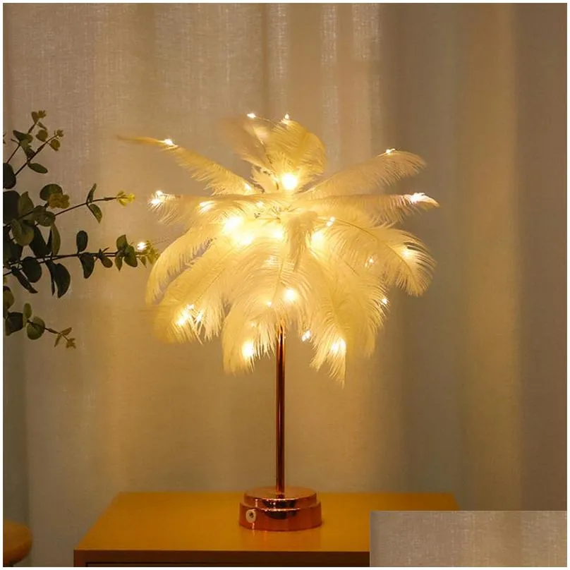 feather table lamp de chevet usb/aa battery power diy creative fairy light wedding home bedroom decor novelty night lighting 220425