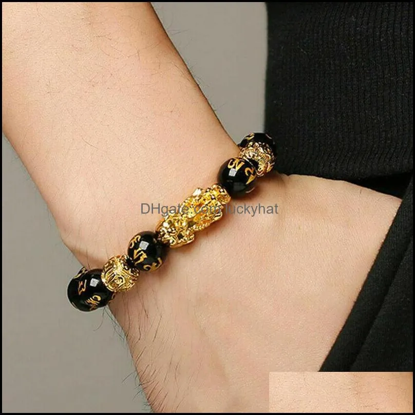 unisex fashion black obsidian beads strands bracelet with gold pixiu charm bring lucky and wealth jewelry