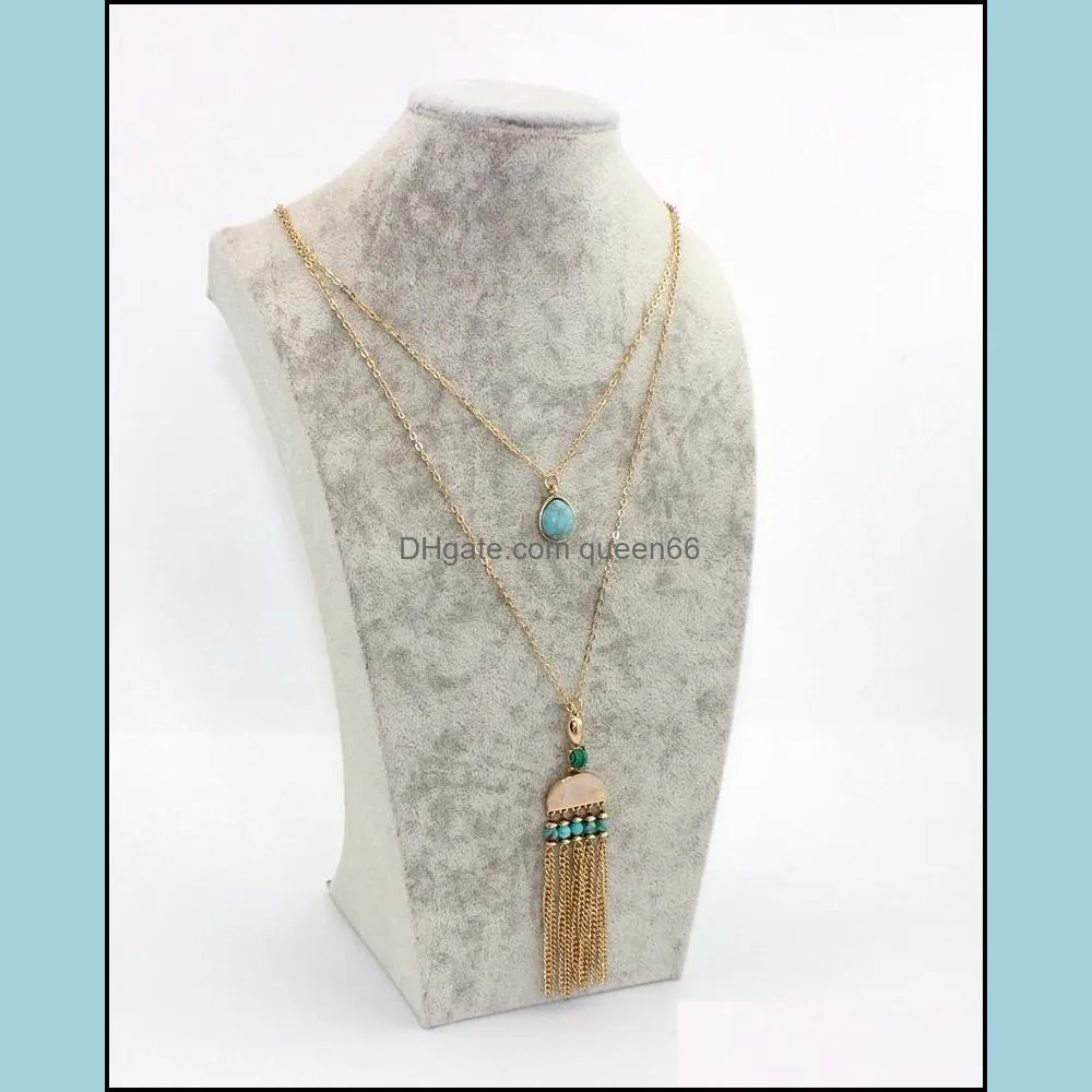 fashion waterdrop natural stone turquoise pink crystal druzy necklace gold metal long chain sweater statement tassels necklace