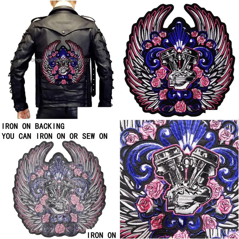 rose mechanical heart large punk embroidered iron on backing biker badge for jacket jeans