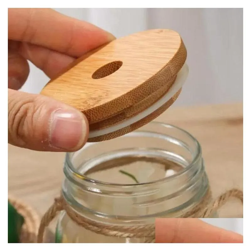 wholesale 70mm 88mm bamboo cap lid reusable wooden mason lid with straw hole drink lids hot sxa14