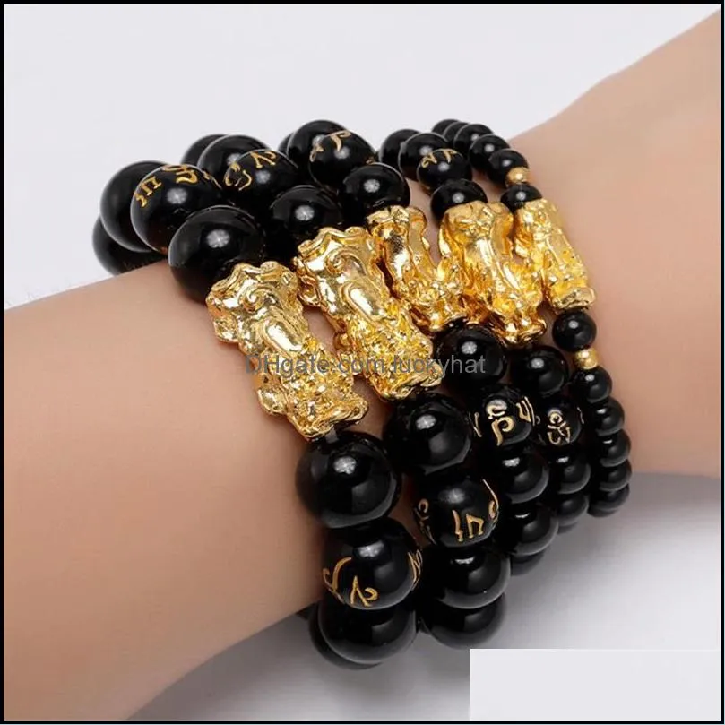 stone beads bracelet men women unisex chinese feng shui pi xiu obsidian wristband gold wealth and good luck women bracelets 438 z2