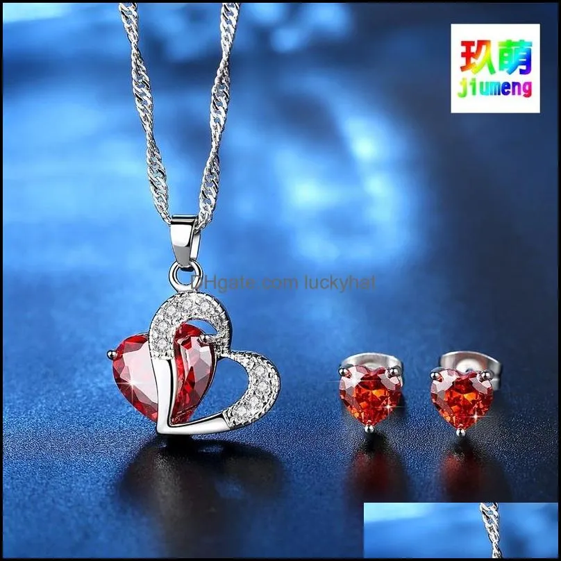 fashion jewelry sets silver aaa cubic zircon cz zircon red heart necklaces stud earrings gift sets wedding set