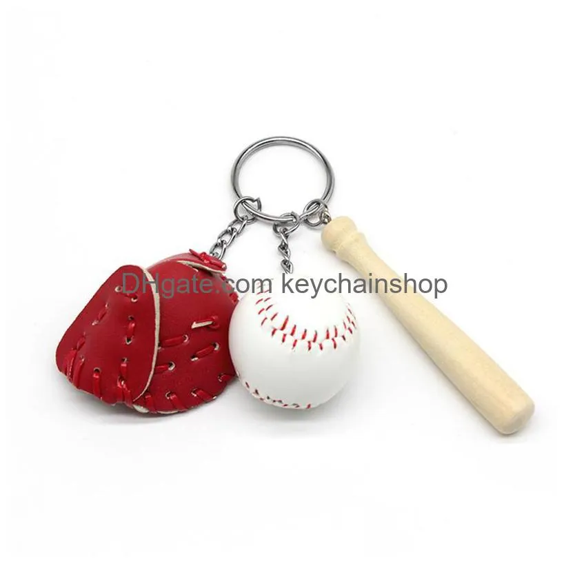 baseball keychains mini pu leather baseball glove wood bat sports car key chain key ring holder fashion jewelry gift keyrings for man