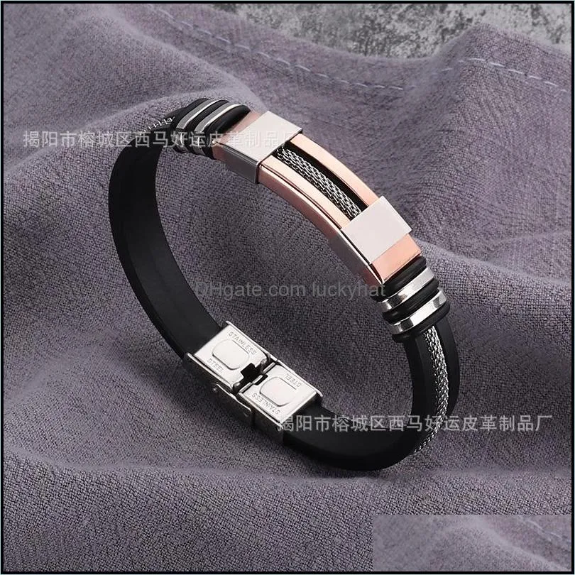 mens stainless steel silicone black bracelet simple rubber new design punk charm wristband bangle for mens fashion jewelry gift 2957