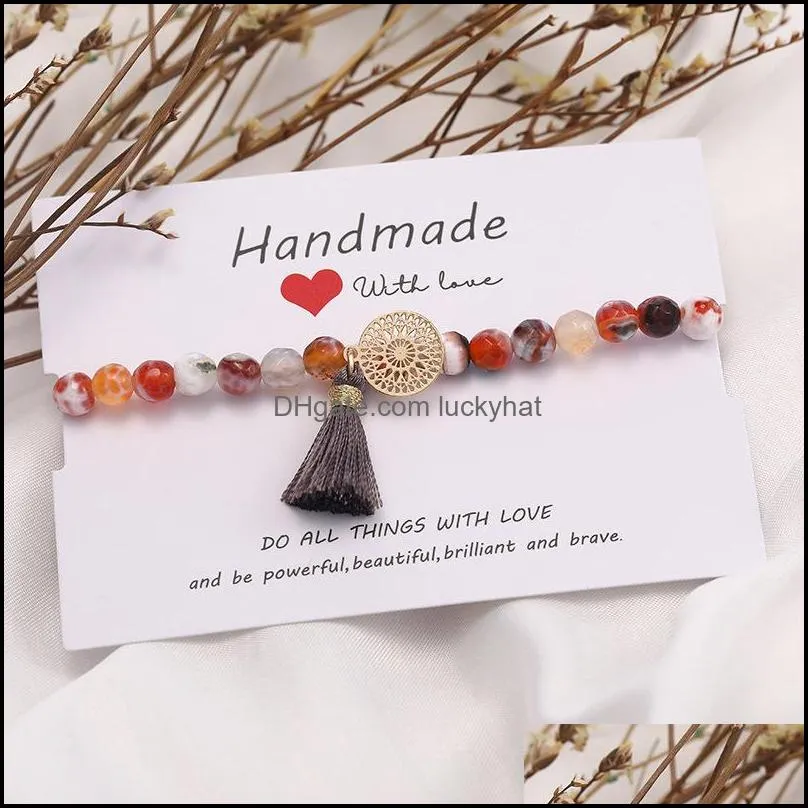 polyester tassel charms natural agate beads bracelets with card handmade elastic friendship bracelet for womens jewelry party gift 3600