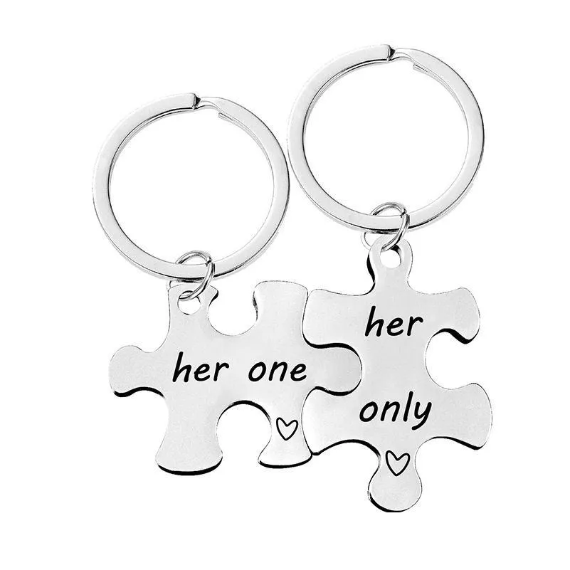 party favor 18 styles stainless steel puzzle couple pendant metal keychain jewelry valentines day gift lovers keychains