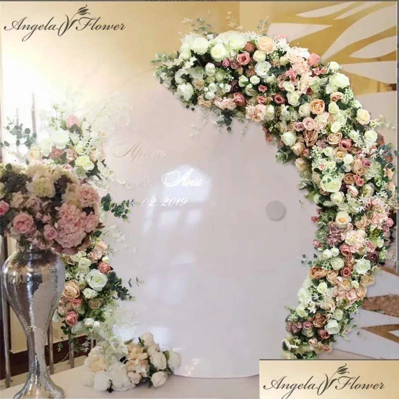 decorative flowers wreaths custom champagne moon shape flower arrangement rose artificial row wedding arch decor backdrop wall window