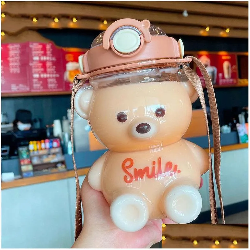 kawaii bear water bottle with straw strap large capacity milk bubble tea cup cute kids girls school outdoor drink water bottles 220318