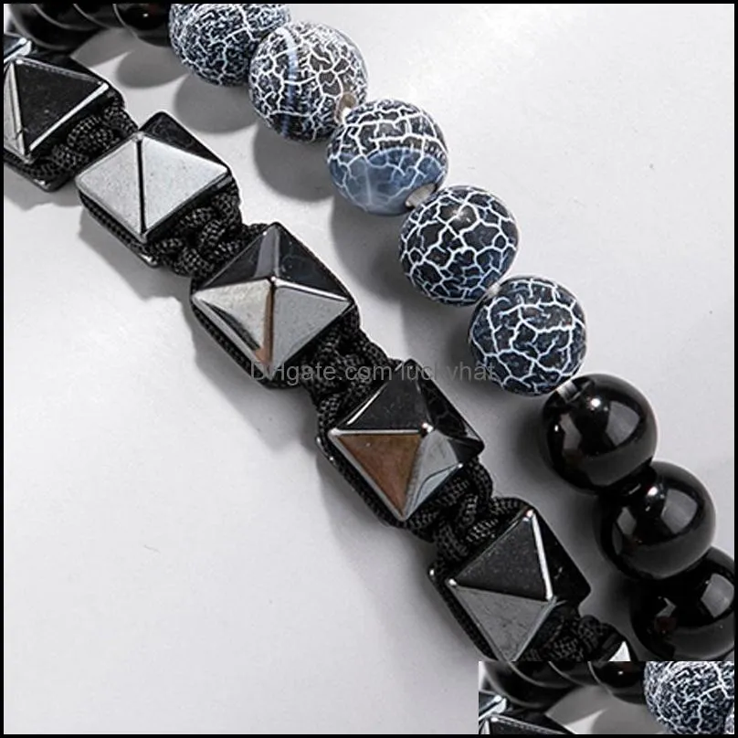 custom strands bracelets black gallstone frosted stone mens beaded bracelet punk style adjustable jewelry set