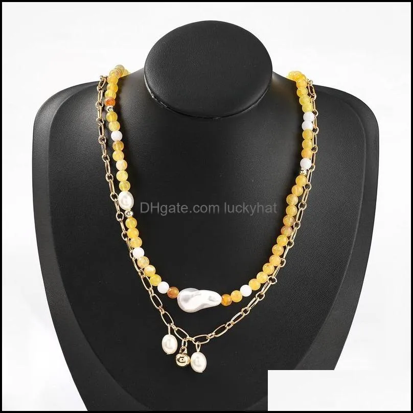 bohemia style link chain pearl pendant necklace yellow resin beads pearl necklace for gift
