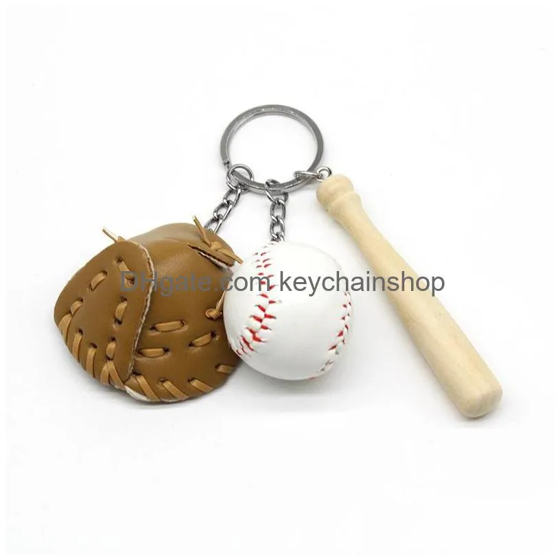 baseball keychains mini pu leather baseball glove wood bat sports car key chain key ring holder fashion jewelry gift keyrings for man