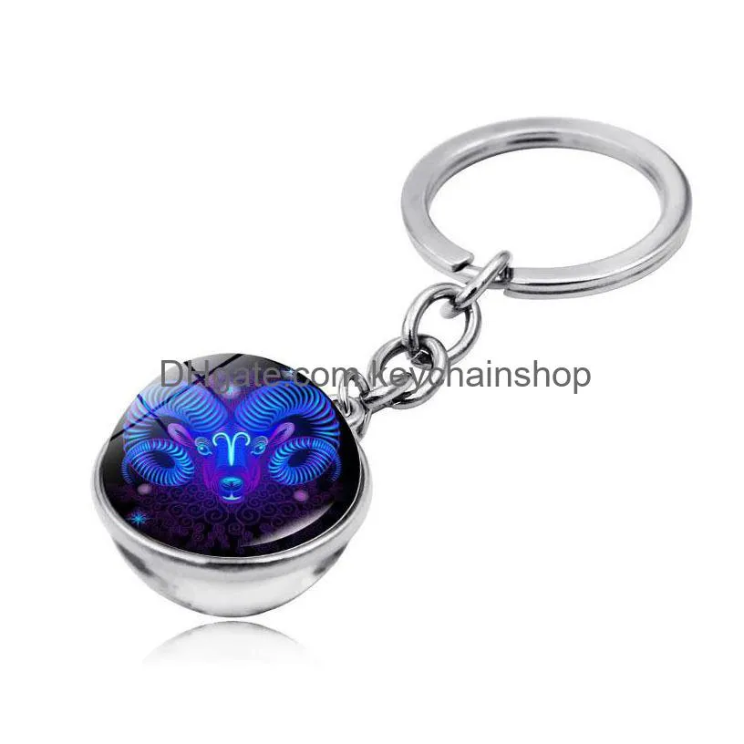 12 zodiac signs keychain fashion metal double side glass ball key chain holder couples keyring rings gifts constellation jewelry