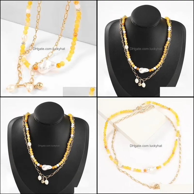 bohemia style link chain pearl pendant necklace yellow resin beads pearl necklace for gift