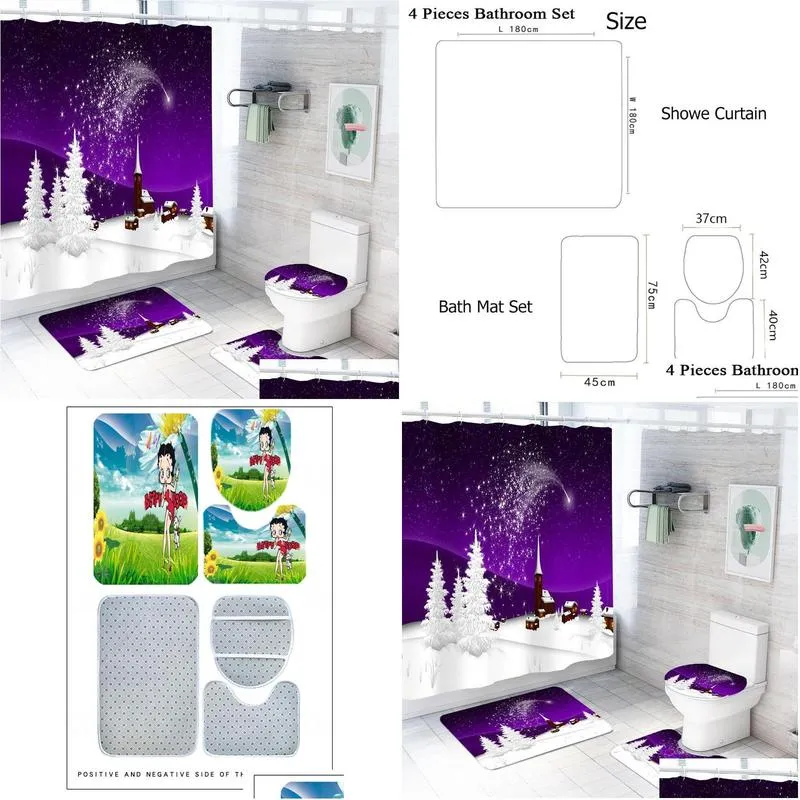 snow scene 3d print purple background bathroom set shower curtain merry christmas floor rugs cartoon bath sets 4pieces curtains