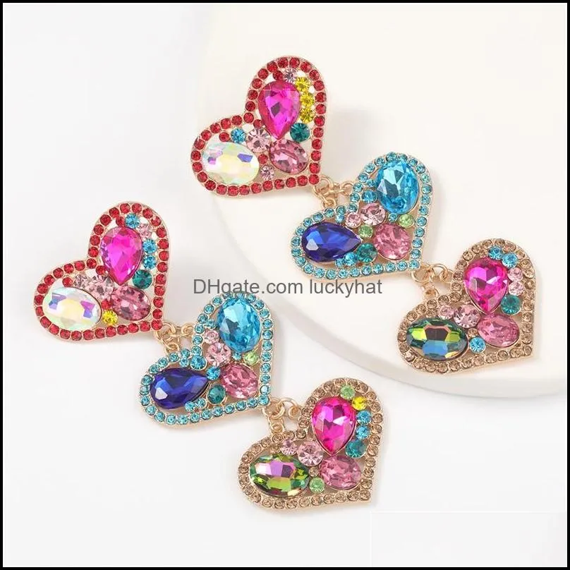 bling heart drop earrings dangles fashion designer colorful ab rhinestone iced out jewelry classy lady big statement street party baroque